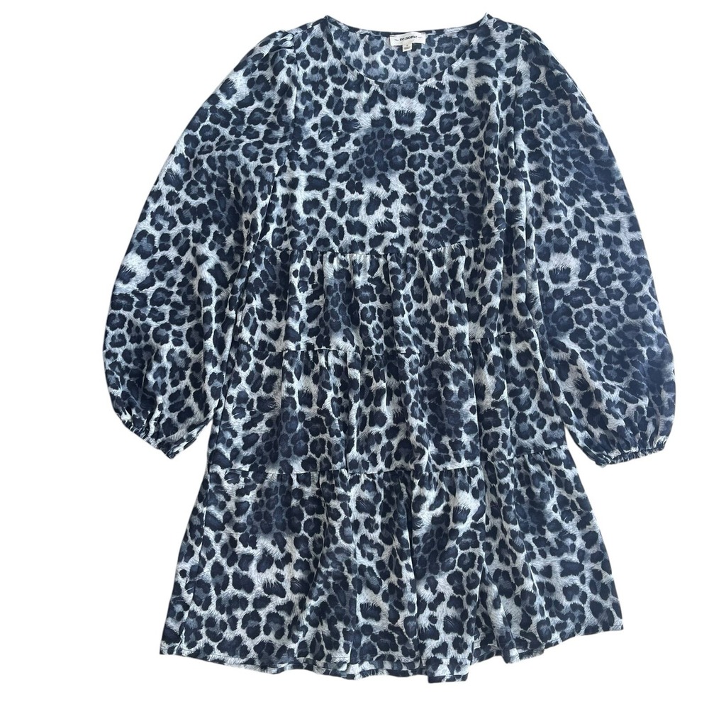 ee:some Women S Silver Gray Leopard Print Long Sleeve Tiered Mini Babydoll Dress